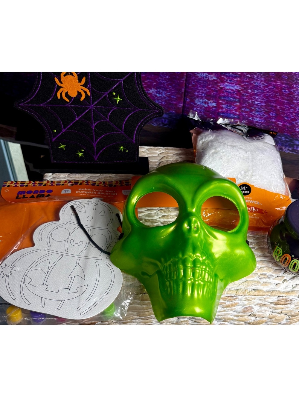Halloween Decoration Bundle with Green Skull Mask, Spider Web Stand, Paint-Your-